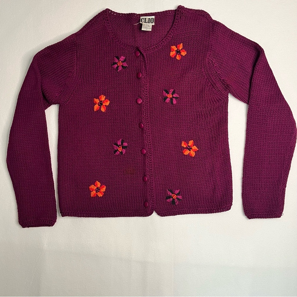 Clio Women's Vintage Cardigan Office Sweater w/Embroidered Floral Details Size M